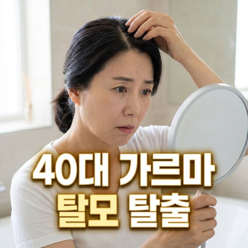 40대 여성이 거울 앞에서 자신의 정수리 가르마를 걱정스럽게 살펴보는 모습
