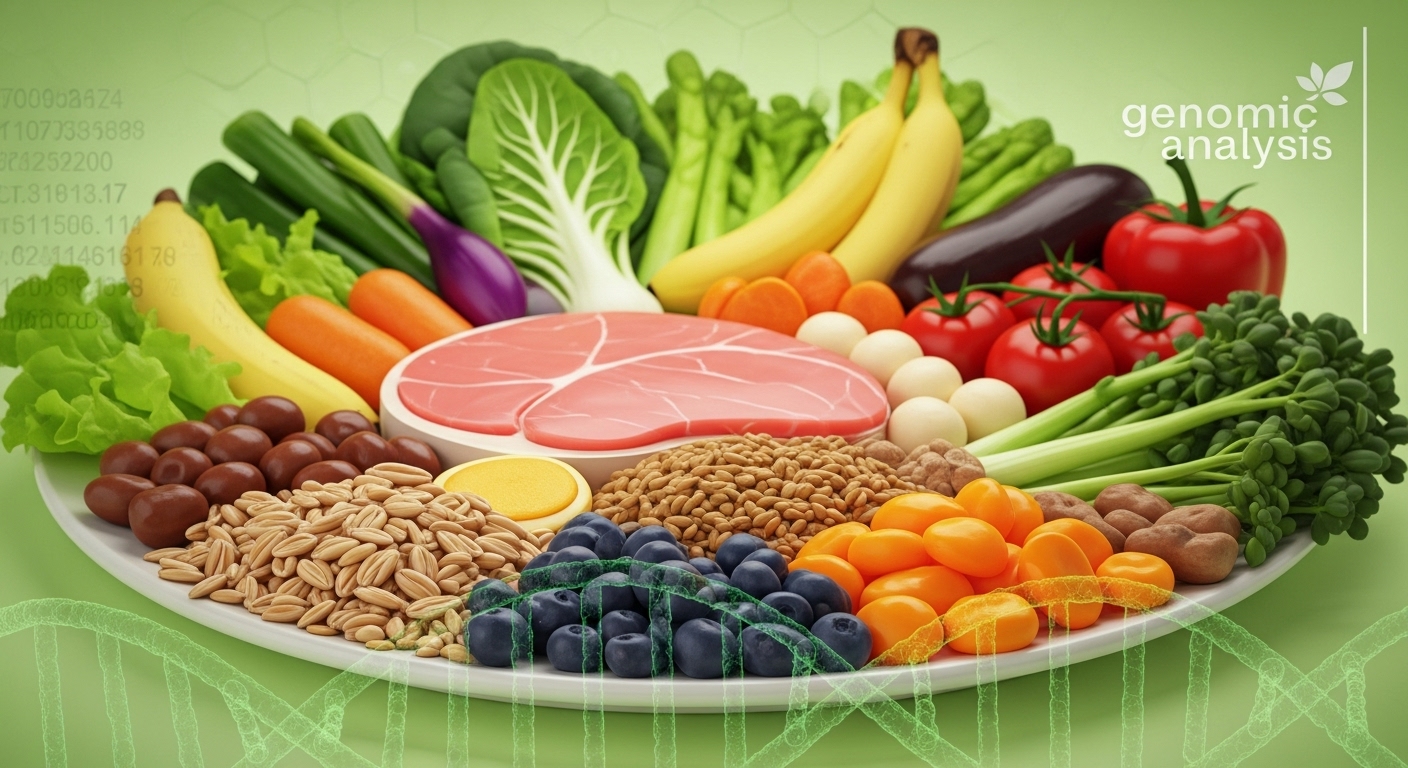 개인 맞춤형 영양 관리를 상징하는 이미지. 신선한 채소, 과일, 단백질 식품이 담긴 접시와 DNA 패턴이 어우러져 과학적인 식단 구성을 표현합니다.