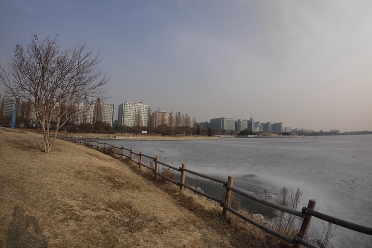 일산 호수 물이 얼었다.