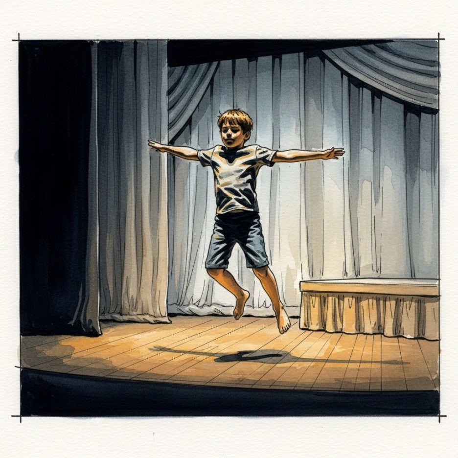 무대 위에서 힘차게 도약하는 소년의 실루엣