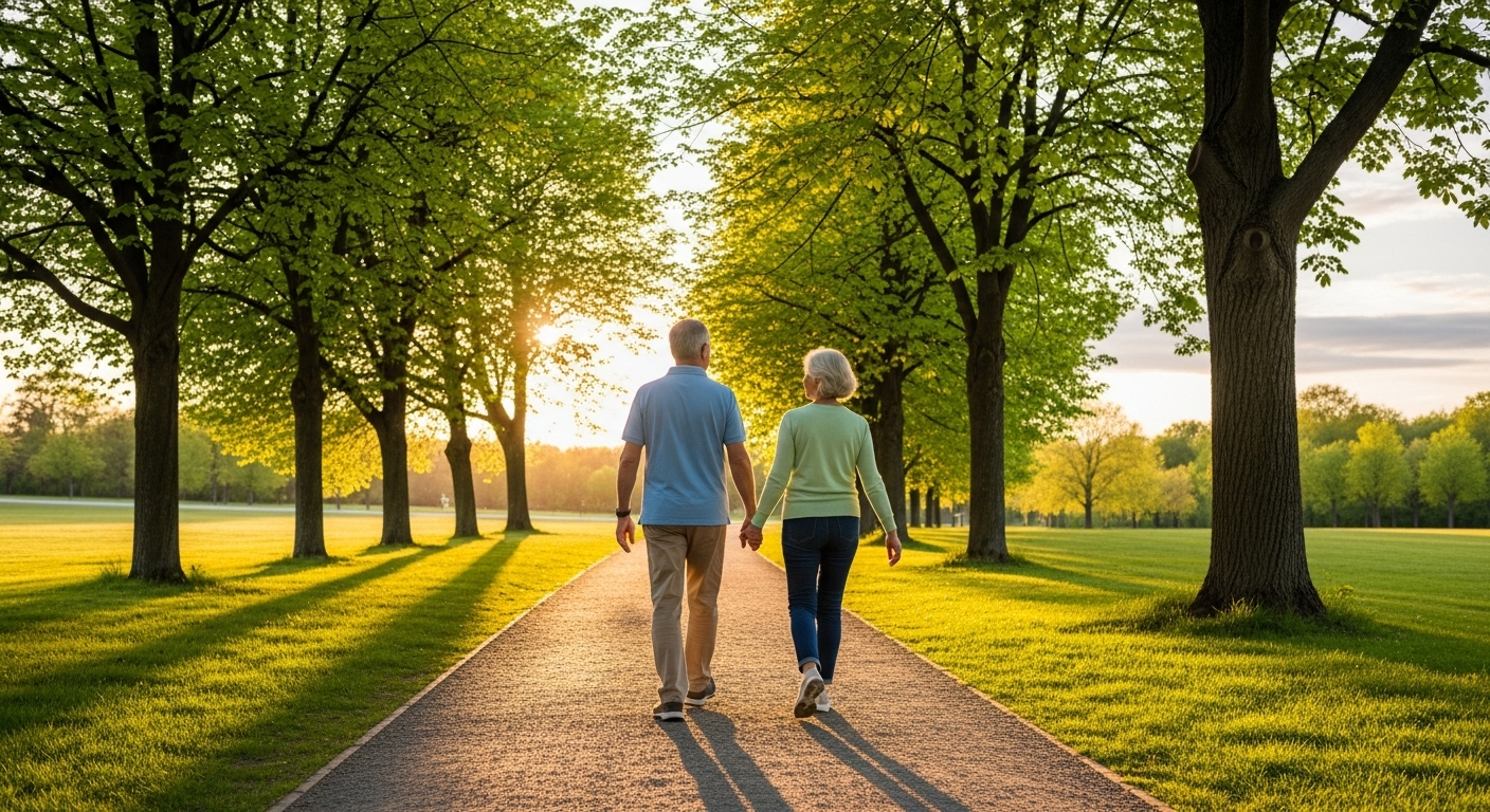50대 중후반의 부부가 편안한 복장으로 공원에서 함께 걷고 있는 뒷모습