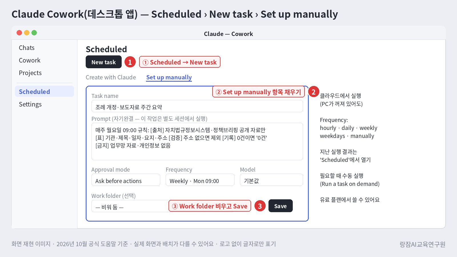 화면 재현 &mdash; Claude Cowork 의 Scheduled &rsaquo; New task &rsaquo; Set up manually 모달과 입력 항목, Save