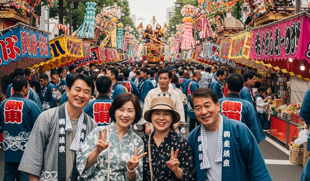 일본의 산노마츠리를 이미지화 다양한 사람들 사이에 가마행렬