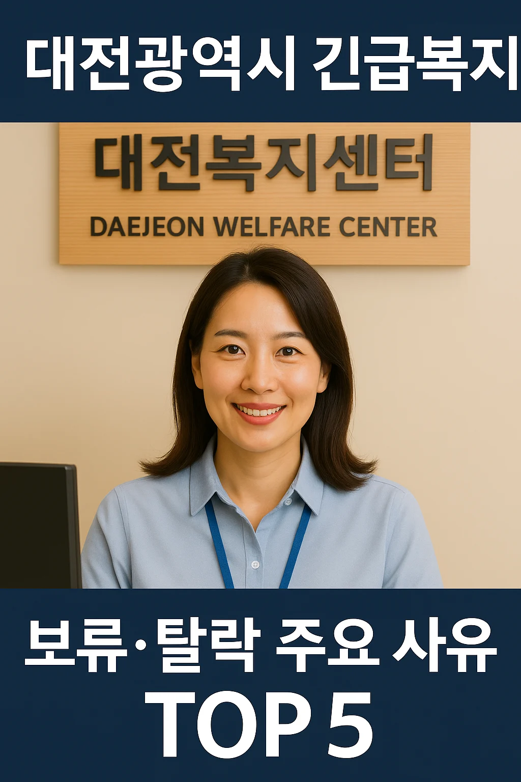 대전복지센터 안내 데스크에서 미소 짓는 여성 직원과 함께 구성된 긴급복지 보류·탈락 안내용 썸네일