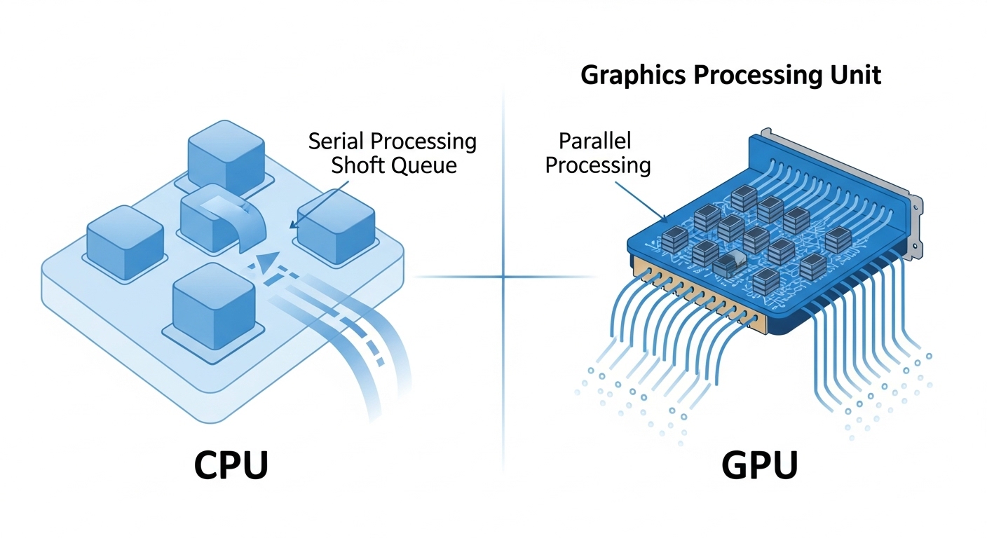 CPU와 GPU의 내부 구조를 비교하여, CPU는 순차 처리, GPU는 병렬 처리에 최적화되어 있음을 시각적으로 보여주는 다이어그램.