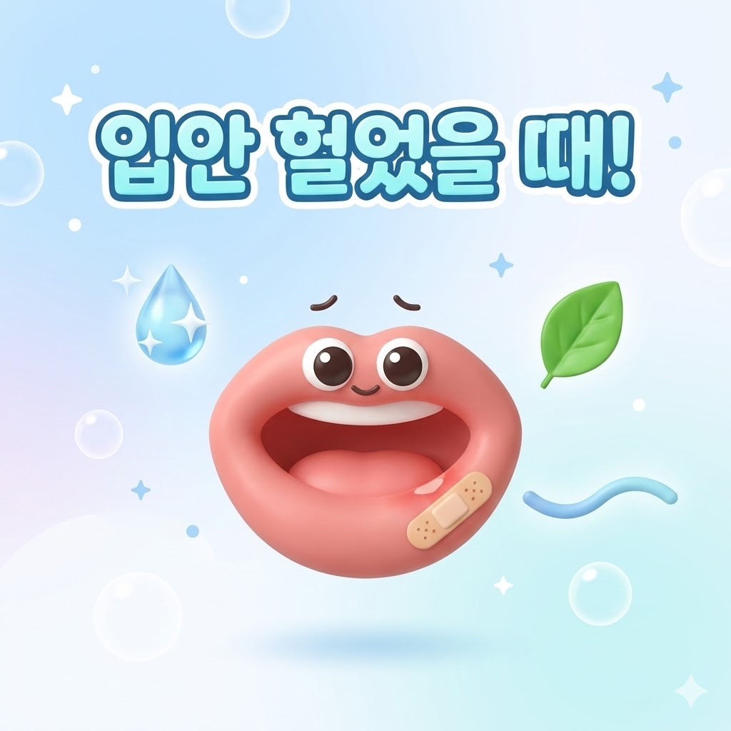 입안에 반창고를 붙인 귀여운 입 모양 캐릭터가 물방울, 채소, 수면 이미지와 함께 있는 3D 카툰 일러스트.
