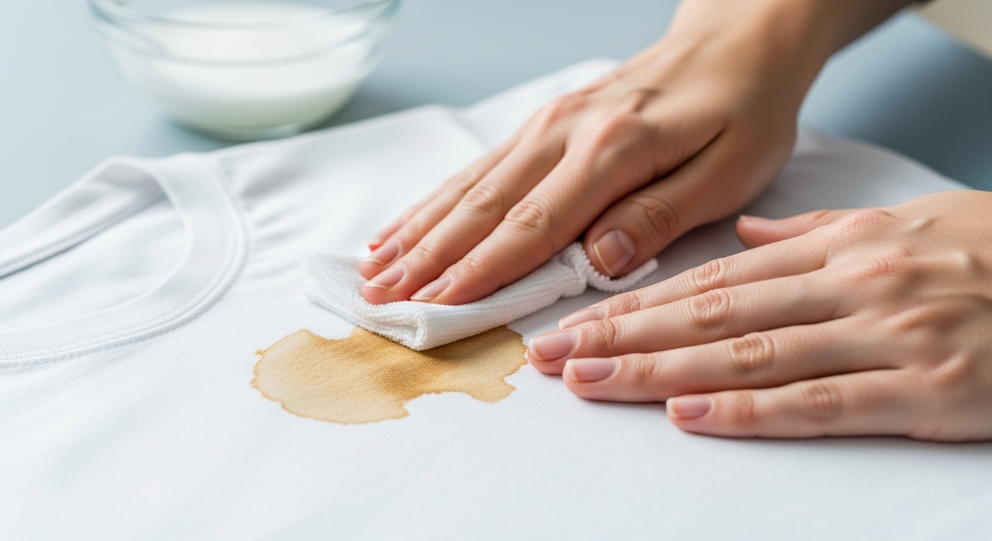 흰 티셔츠에 묻은 커피 얼룩을 천으로 부드럽게 두드려 제거하는 손의 클로즈업