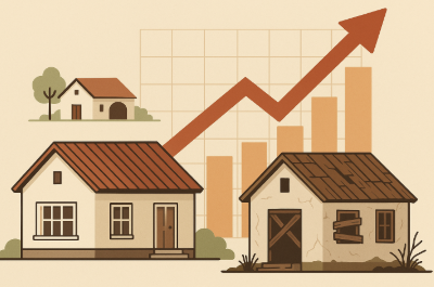 "농촌 빈집 증가율을 상징적으로 표현한 일러스트, 관리된 주택과 폐가, 상승 그래프가 함께 배치된 디자인"