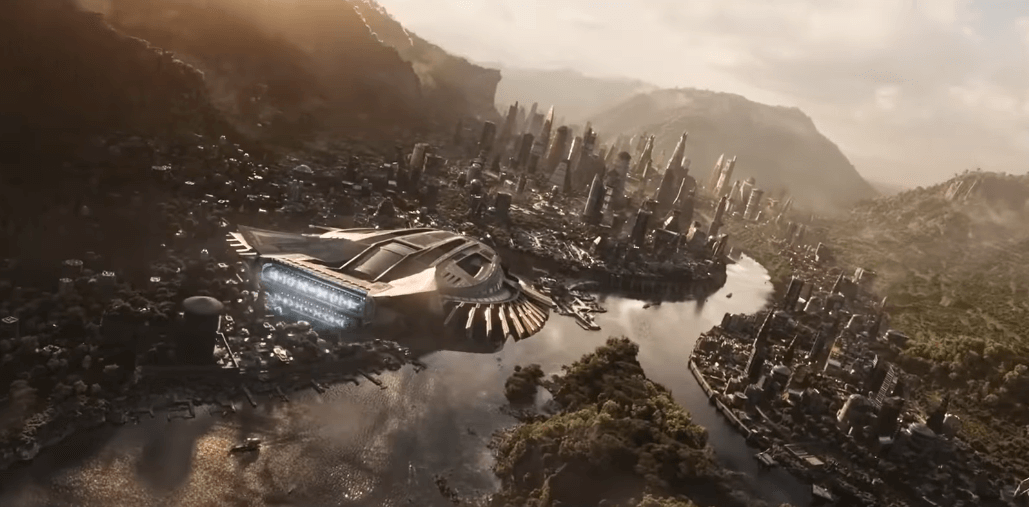 A futuristic airship flies over the African grasslands where the river flows.