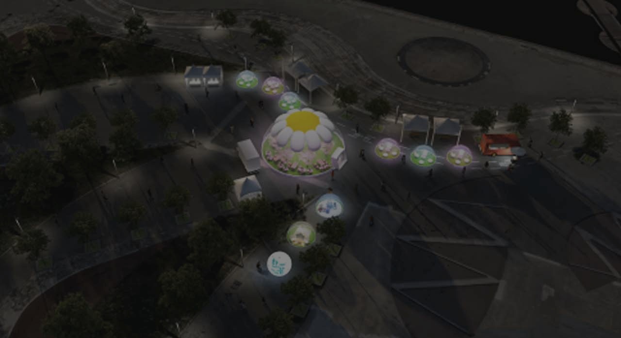 데이지 꽃 모양이 특징인 15m 규모의 &lsquo;봄꽃 돔&rsquo;과 봄꽃 정원 장면이다. [ⓒ미래한강본부 공식 홈페이지]