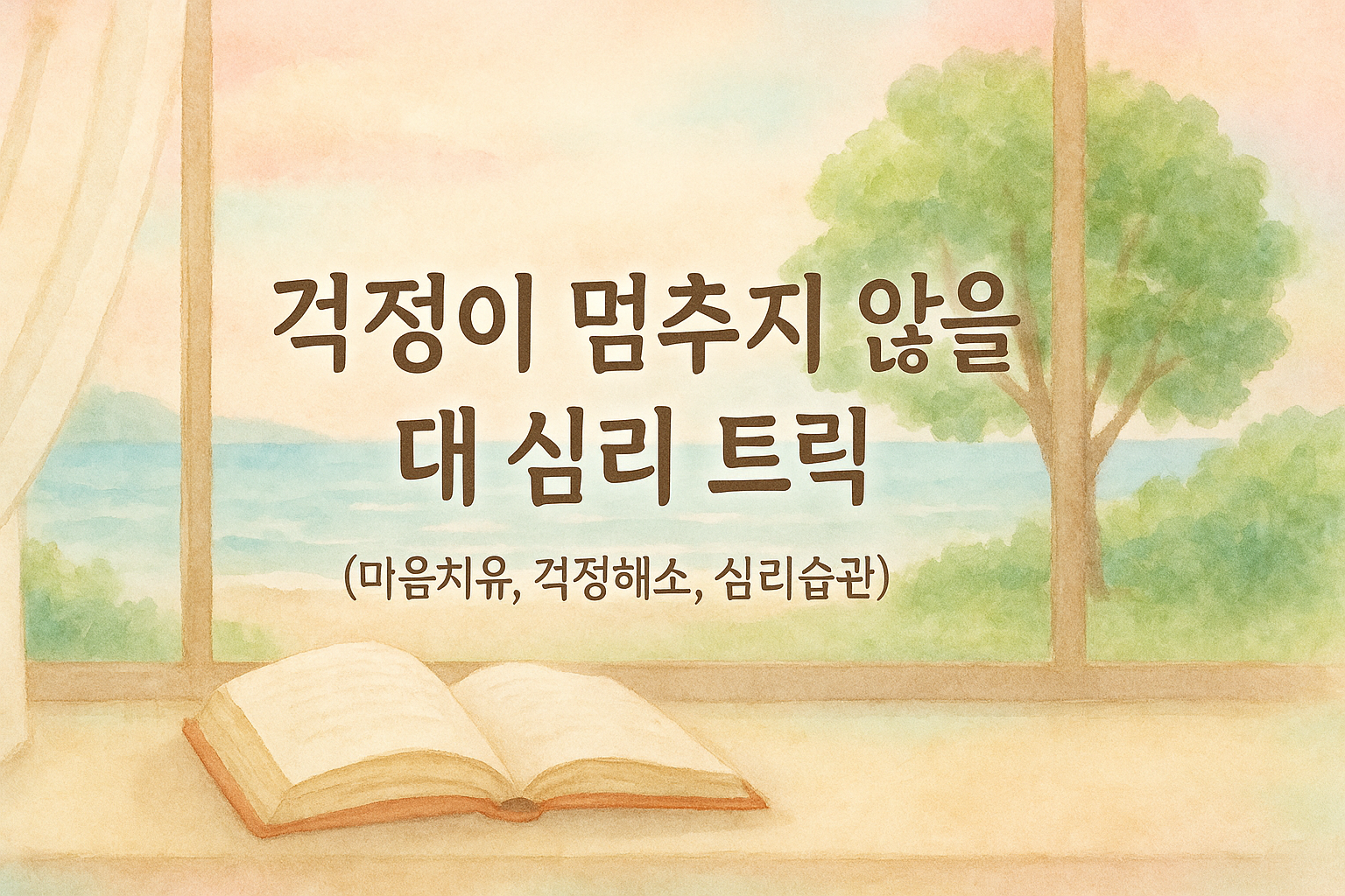 창 밖의 평화로운 바다와 책