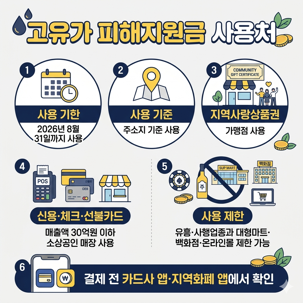 고유가 피해지원금 사용처 어디서 쓸 수 있나·사용불가 업종·잔액 확인 방법 인포그래픽