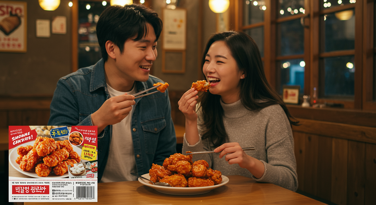 남자와 여자가 소비쿠폰으로 치킨을 시켜 먹으며 행복하게 웃고 있다.