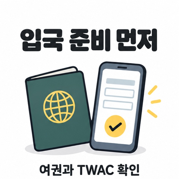 입국 준비를 먼저 하자는 문구와 여권, 온라인 입국신고서를 표시한 휴대전화 그림