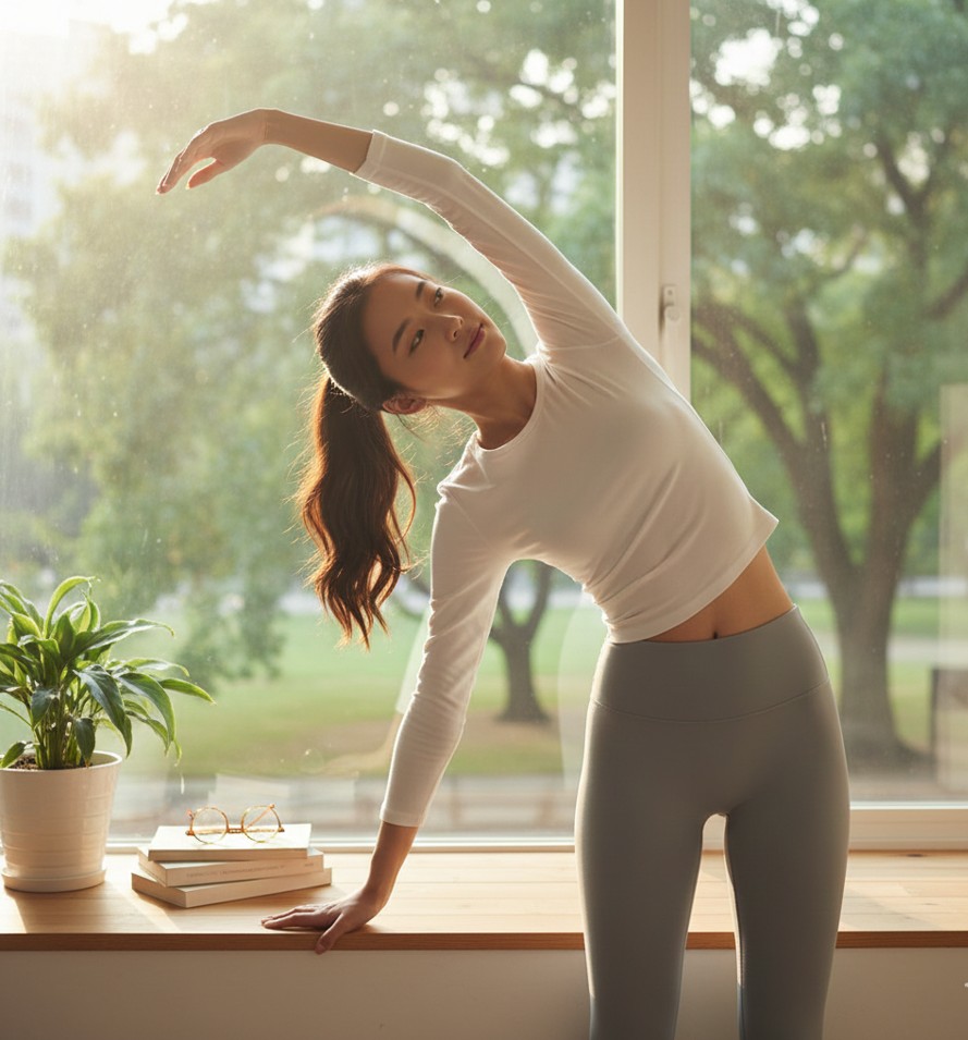 스트레칭이나 가벼운 산책을 하는 사람 이미지