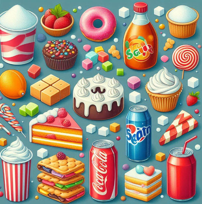 고지혈증에 좋지 않은 설탕, 사탕, 설탕이 들어간 과자나 케이크, 청량음료 등이 포함된 단순당질이 많은 식품 예시