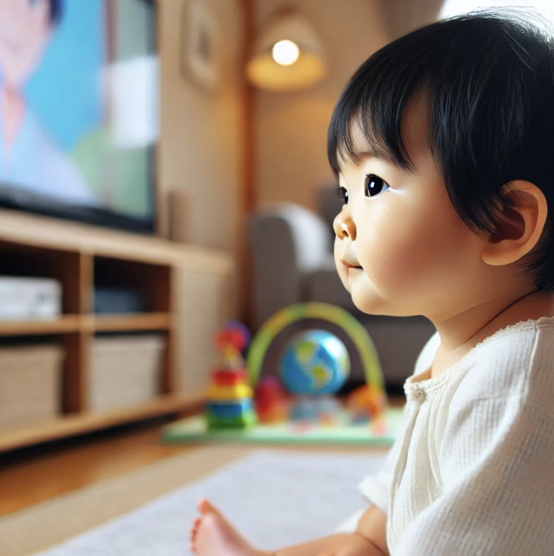 미디어 시청 중인 아시아 아기