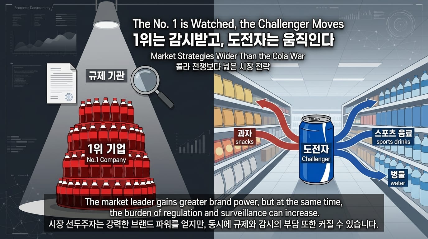 1위 기업의 규제 부담과 2위 도전자 기업의 시장 확장 전략을 비교한 인포그래픽