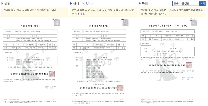 기본증명서 일반, 상세, 특정 설명 화면