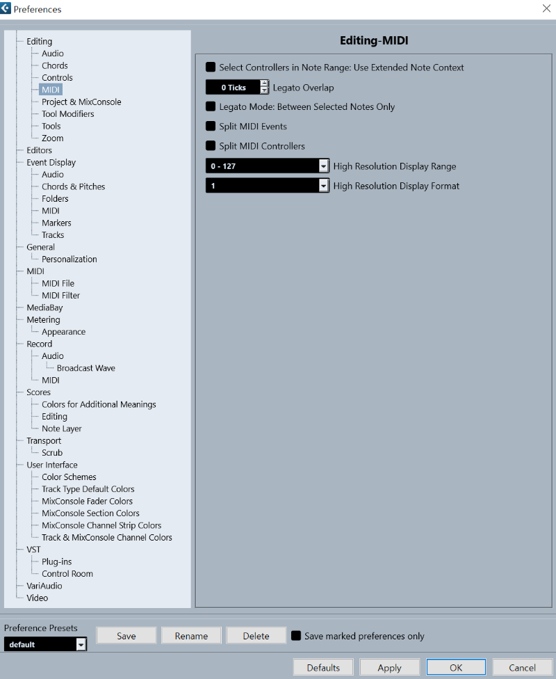 Cubase, 큐베이스 13 환경설정(2), Preferences - Editing - MIDI