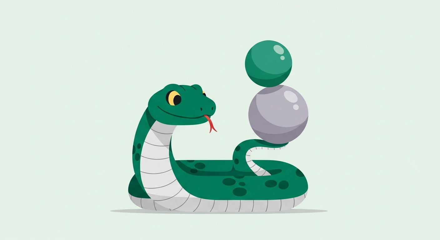 두 가지 구슬의 균형을 잡으며 냉철하게 판단하는 뱀띠 캐릭터 일러스트