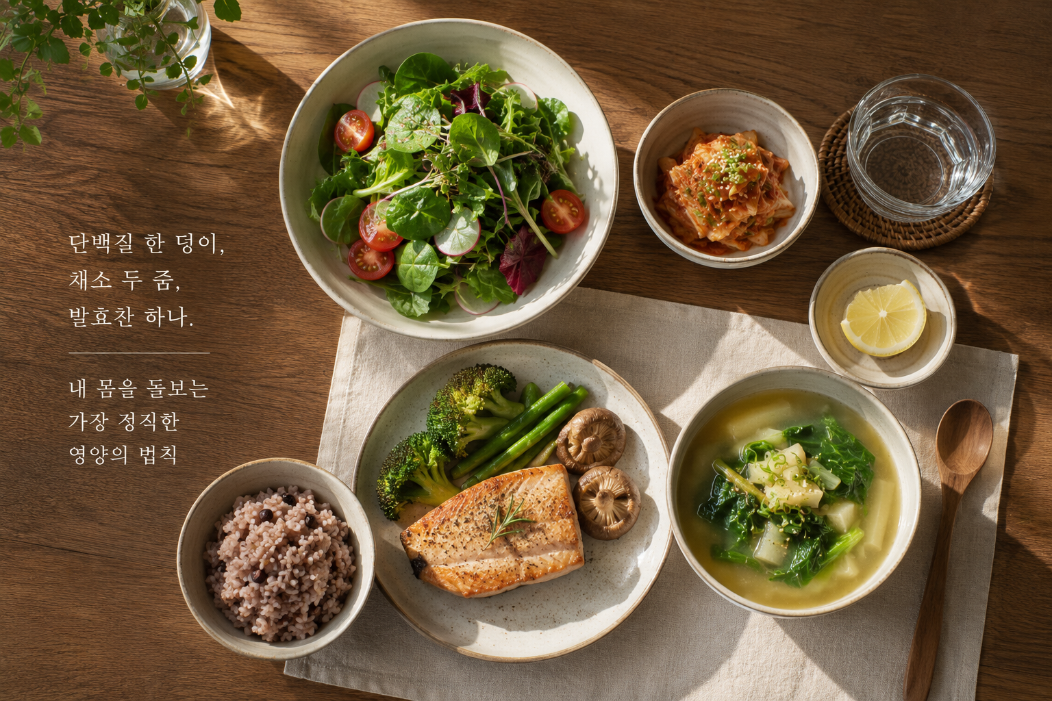 나무 테이블 위에 정갈하게 차려진 건강한 1인 식단. 생선 스테이크, 신선한 채소 샐러드, 잡곡밥, 발효 김치와 채소국이 조화롭게 배치된 영양 균형 식단 항공 샷