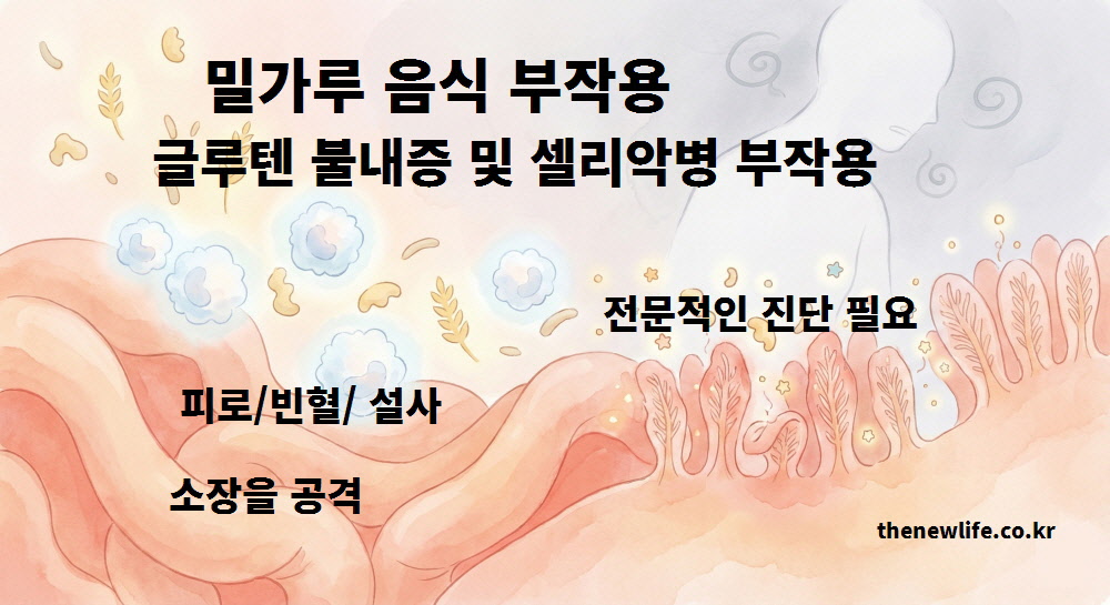 밀가루의 글루텐 성분이 소장을 공격하여 만성 피로와 빈혈 및 설사를 유발하는 셀리악병과 글루텐 불내증 부작용을 설명하는 일러스트