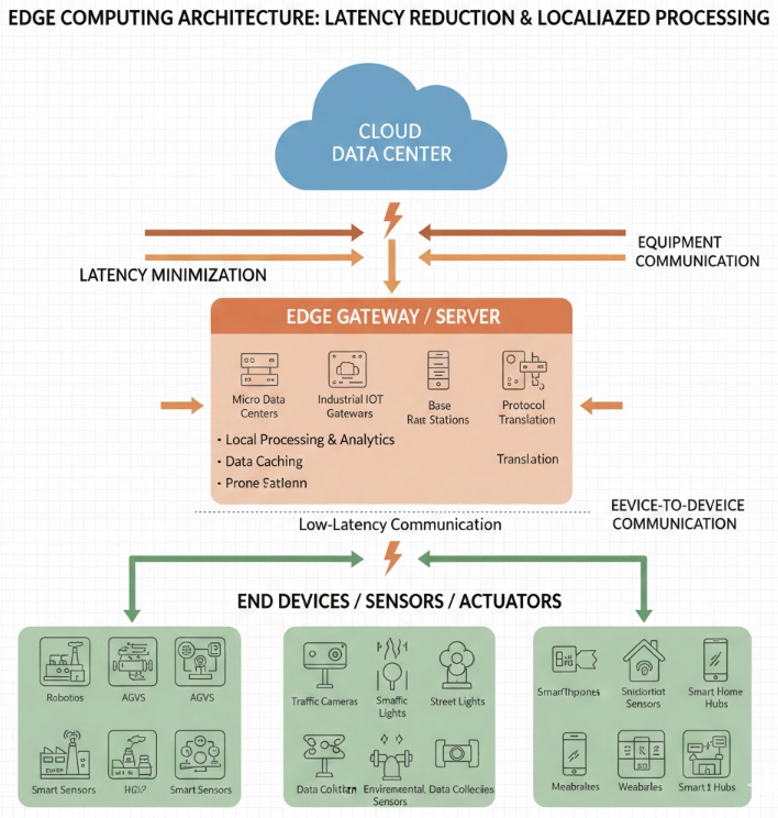지연 최소화와 로컬 처리를 위한 엣지 컴퓨팅 구조를 보여주며, 가장 위부터 클라우드 데이터 센터 (Cloud Data Center), 중간에 엣지 게이트웨이/서버 (Edge Gateway/Server)를 포함한 엣지 계층, 그리고 가장 아래에 디바이스/센서/액추에이터 (End Devices/Sensors/Actuators) 계층으로 구성되어 있습니다.