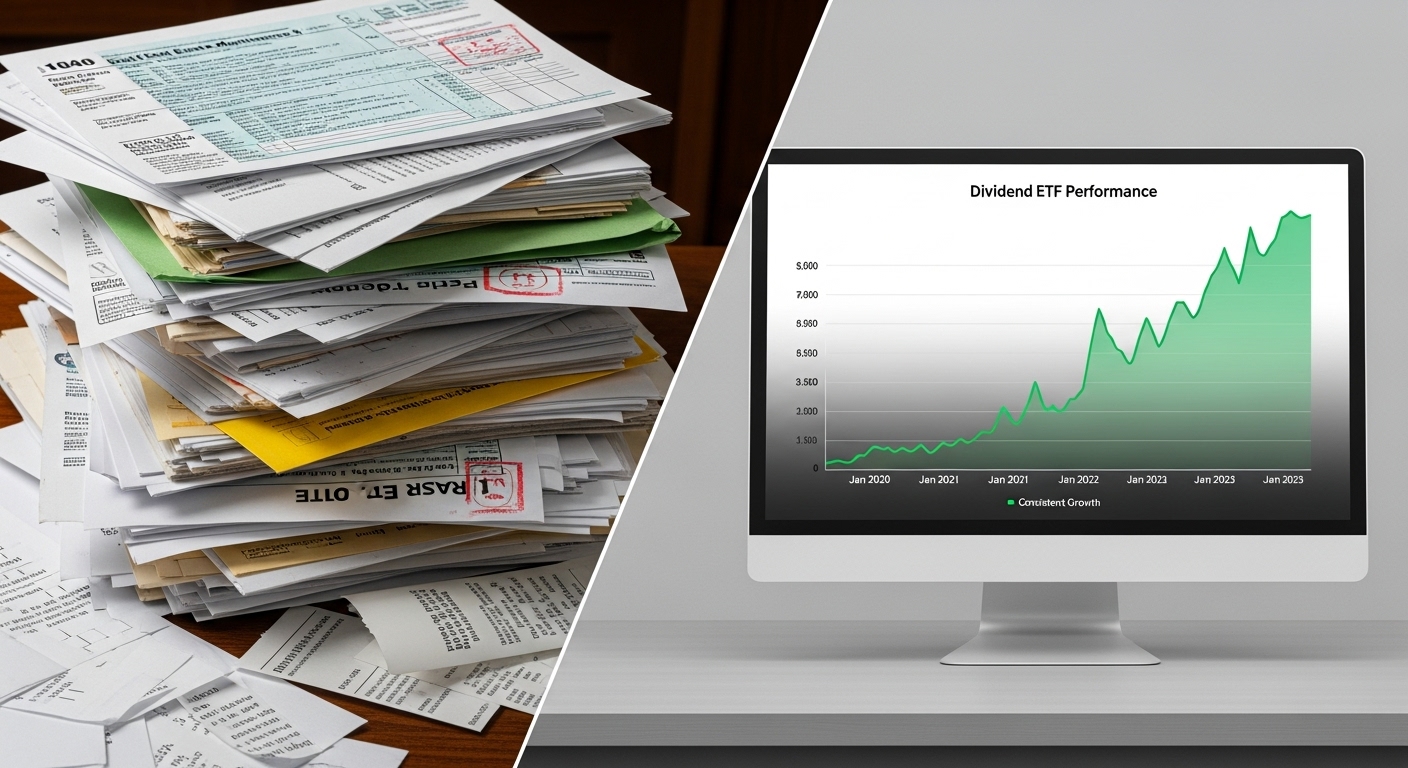 복잡한 부동산 서류와 깔끔한 배당 ETF 그래프가 대비되어 있는 모습