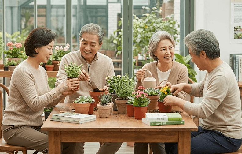 노인들이 스트레스, 우울증, 치매 예방을 위해 아파트 작은 텃밭에 함께 모여 식물을 가꾸는 원예 치료를 경험하고 있다