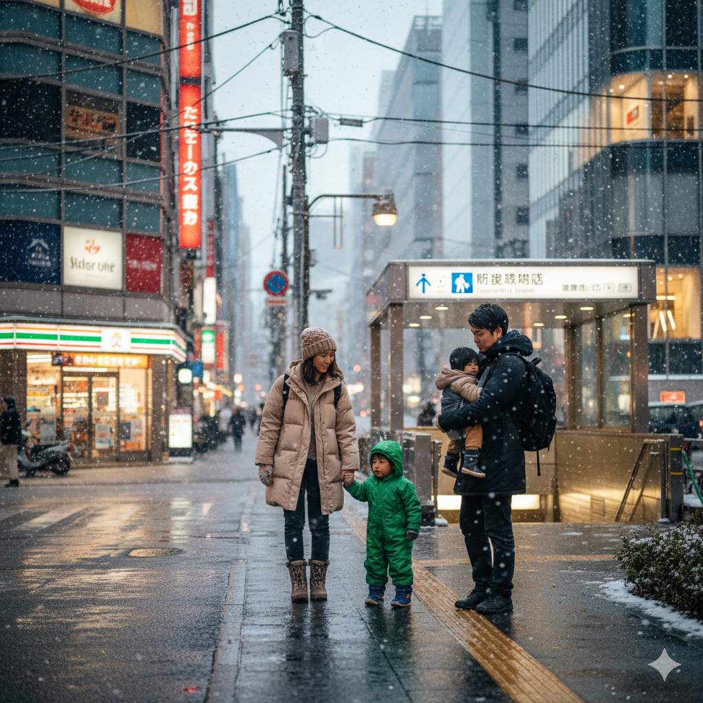 눈이 내리는 일본의 도시 거리에서 한 가족이 지하철 입구 표지판 근처에 서 있는 모습이에요. 어머니는 밝은색 패딩 점퍼와 모자를 착용하고 작은 아이의 손을 잡고 있고, 아이는 초록색 방수 점프수트를 입고 있어요. 아버지는 검은색 패딩을 입고 다른 아이를 안고 있어요. 주변에는 네온사인 간판이 있는 상가 건물과 지하철 입구가 보이며, 바닥은 눈이 녹아 젖어 있어요.