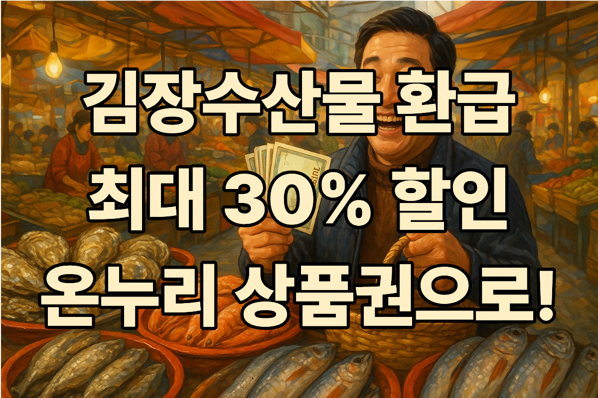 김장철 활기 넘치는 전통시장에서 신선한 수산물을 구매하고 온누리상품권으로 환급받는 행복한 고객의 모습