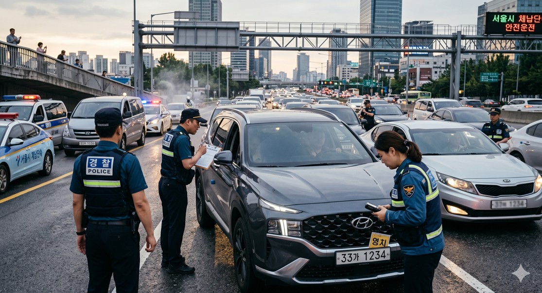 경찰과 지자체 공무원이 합동으로 차량 검문을 실시하는 긴박한 현장 분위기