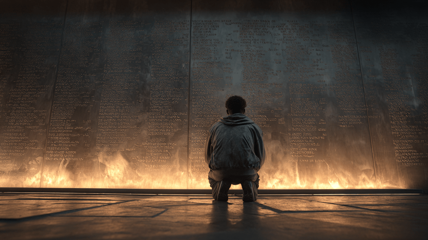 명단이-쓰여있는-벽을-바라보며-무릎-꿇고-있는-남자