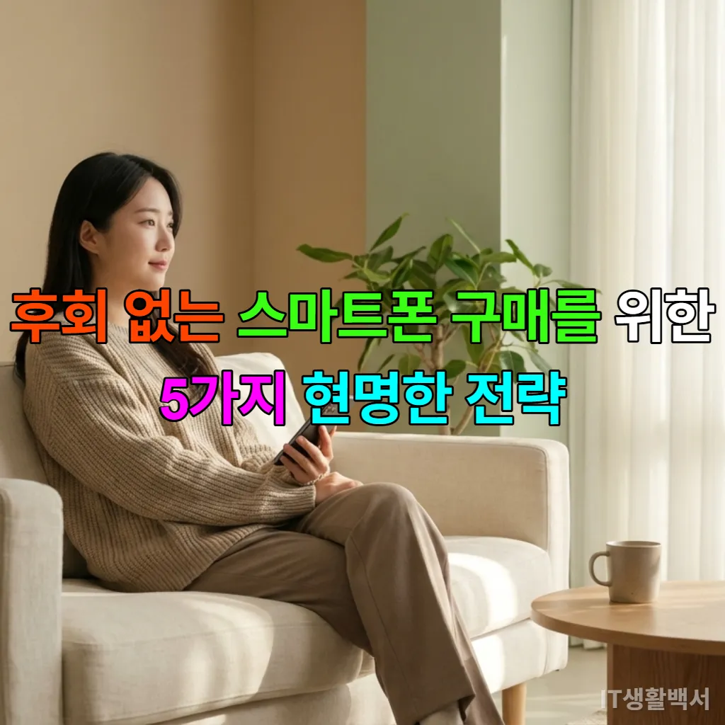 스마트폰을 신중하게 살펴보는 한국 여성의 모습