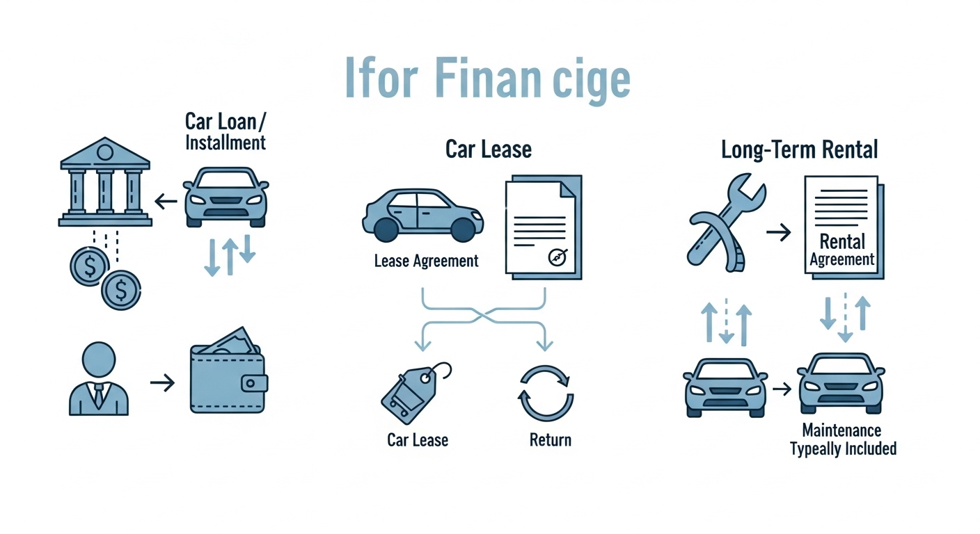 자동차 할부, 리스, 장기 렌트 등 다양한 금융 상품의 특징을 시각적으로 설명하는 인포그래픽.