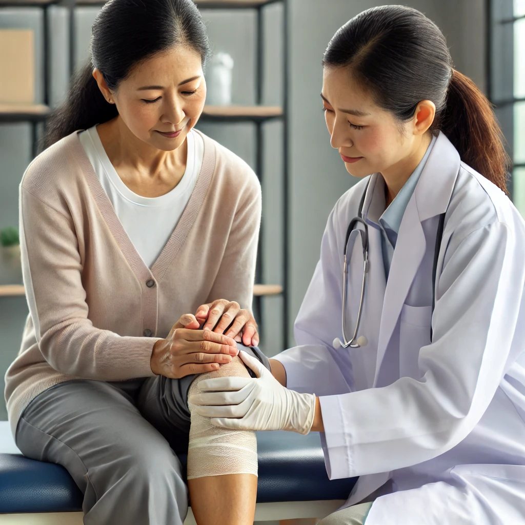 관절치료 받고 있는 중년여성과 의료진 사진