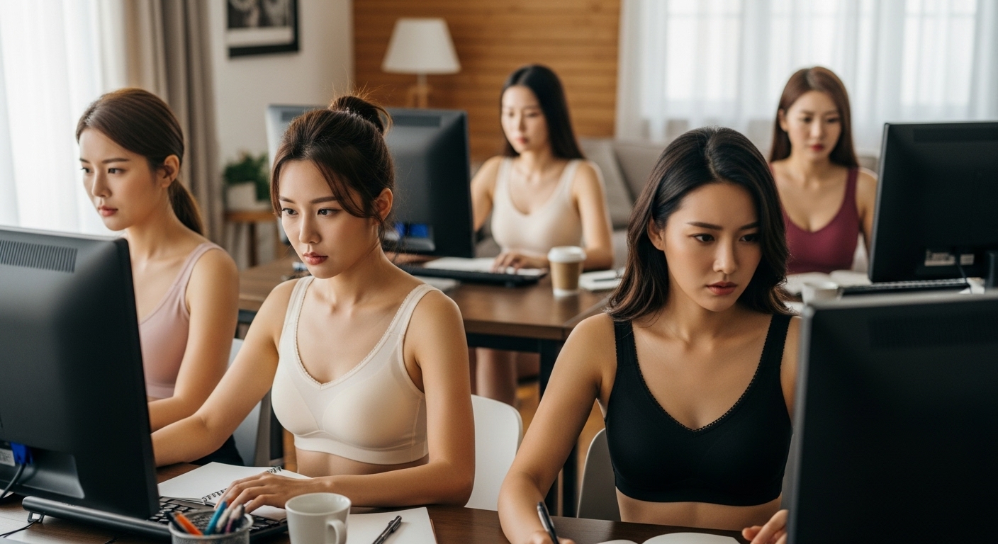 찌푸린 표정으로 컴퓨터를 하는 여성들