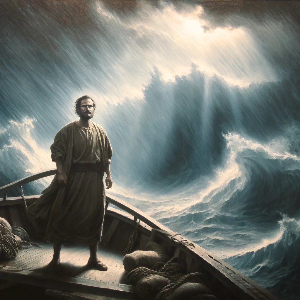 Here is the image depicting a person of great faith enduring a massive storm and hunger while on a boat. This scene captures the dramatic oceanic environment and the individual's encouraging and hopeful demeanor amidst the challenging conditions.
