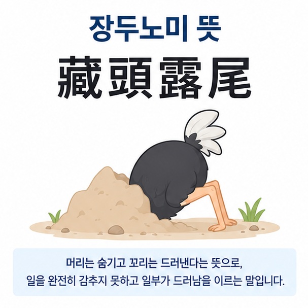 장두노미 뜻과 藏頭露尾 한자, 머리는 숨기고 꼬리는 드러난 모습을 보여주는 교육용 이미지