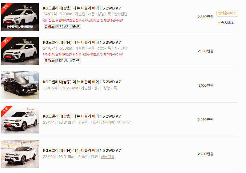 KG모빌리티 티볼리 중고차 가격 시세표 24년10월