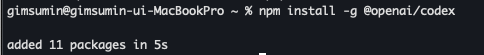 npm 으로 openai codex 설치 명령어 입력하는 화면