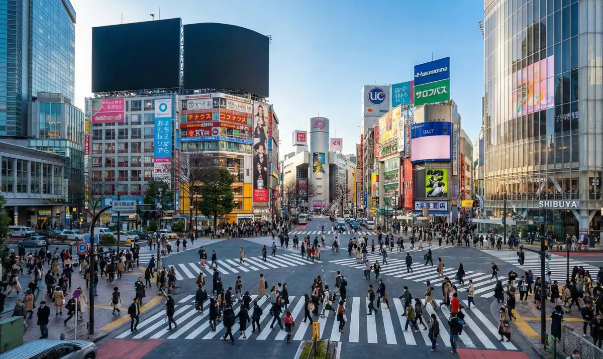 도쿄의 상징과도 같은 시부야 스크램블 교차로의 활기찬 모습