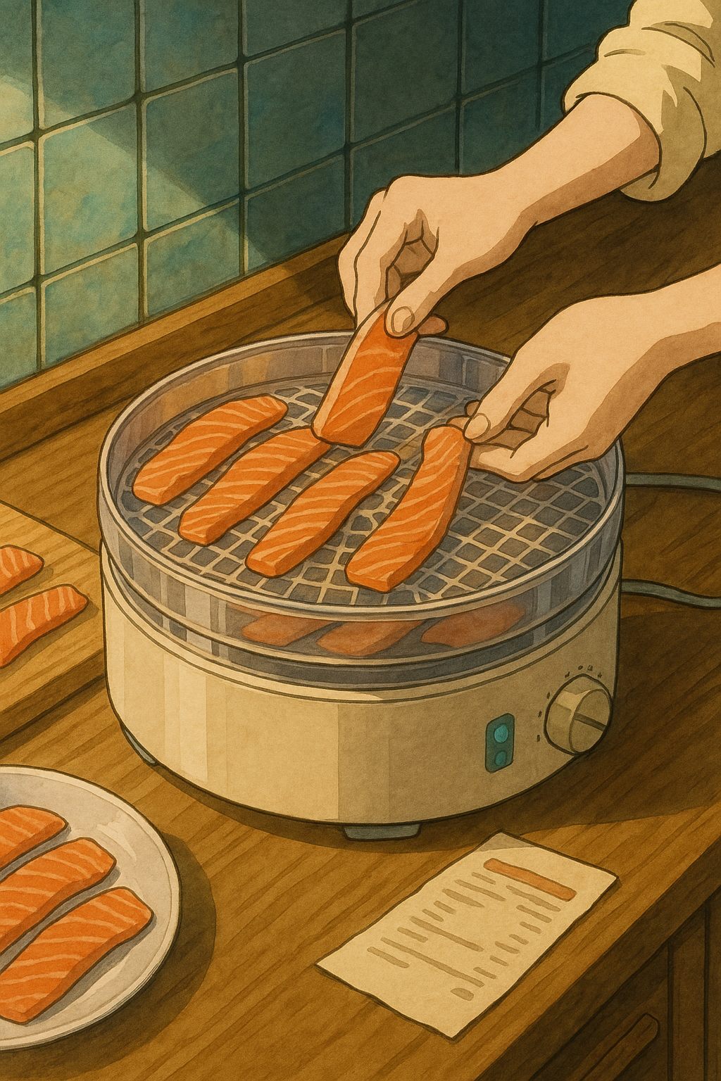 연어 슬라이스가 건조기에 들어가 햇빛 대신 마르고 있는 모습