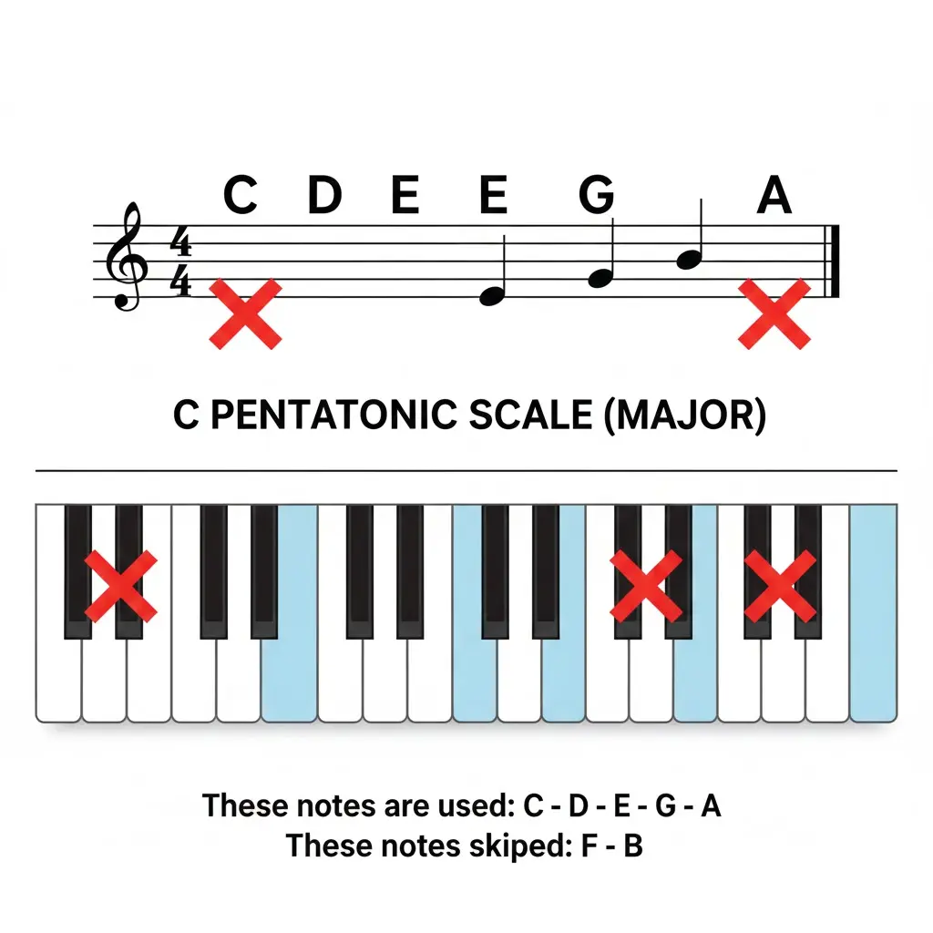 도레미파솔라시도(7 음계, 메이저 스케일)'에서 가장 불안하고 까다로운 두 개의 음을 빼버린 것