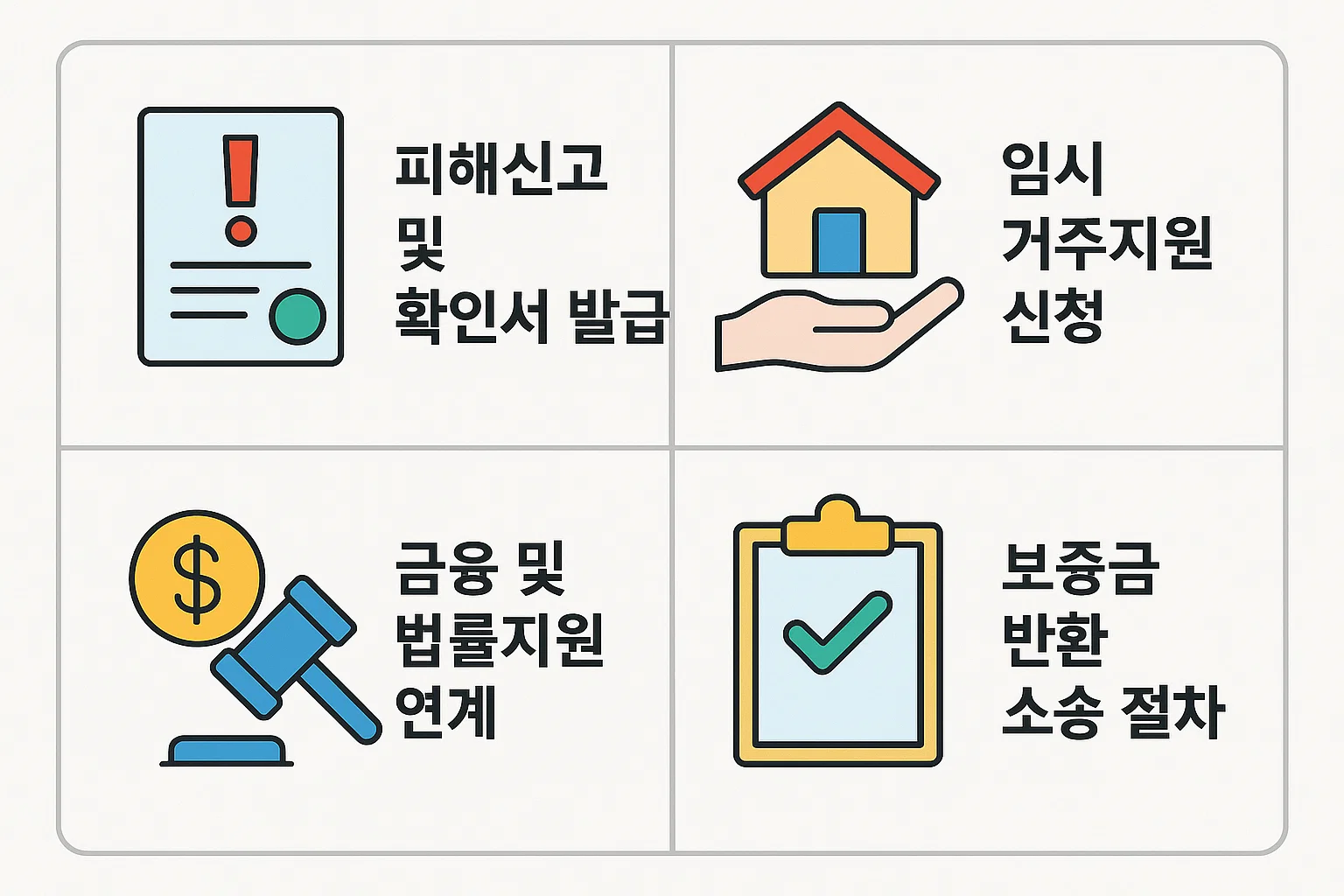 피해신고, 임시 거주지원 신청, 법률&middot;금융 연계, 보증금 반환 소송 등 단계별 구제 절차를 도식화한 인포그래픽.