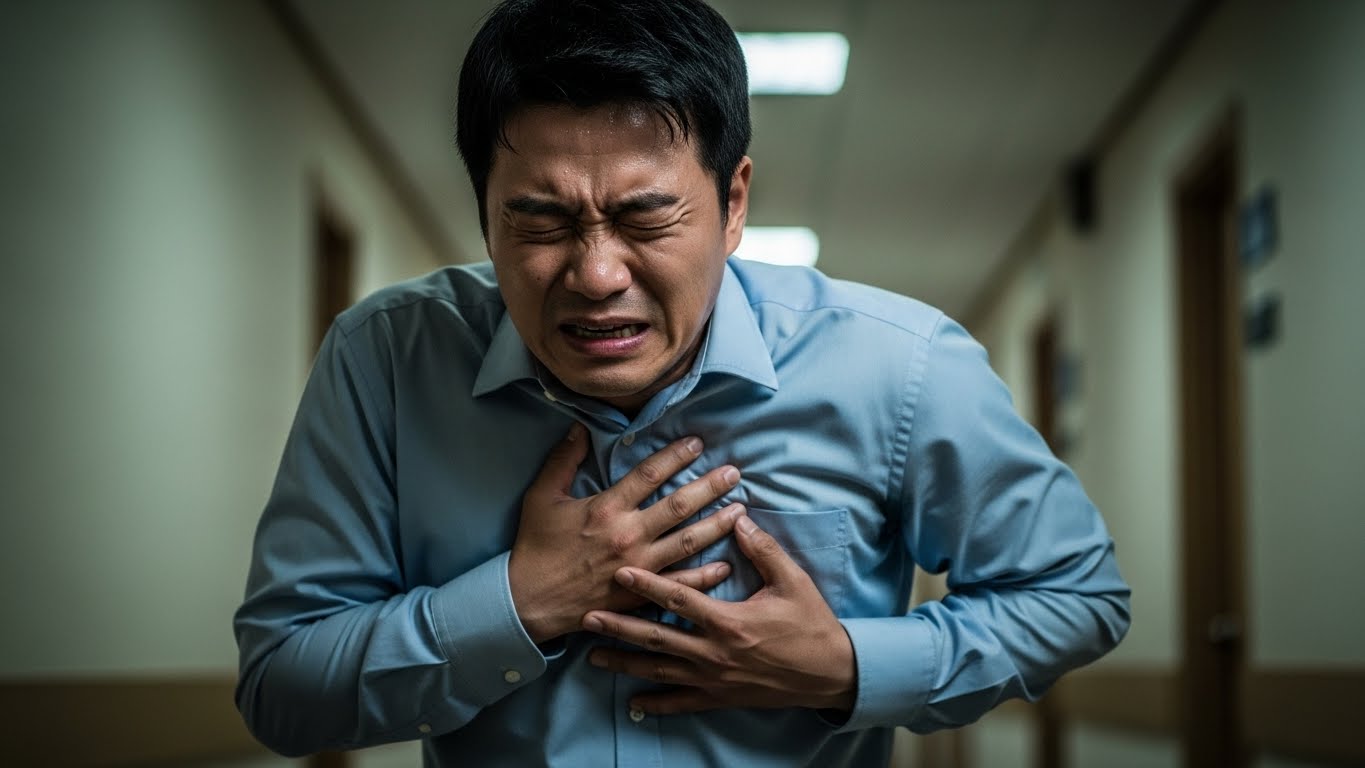 심장쪽이 불편해 괴로워 하는 남성이미지