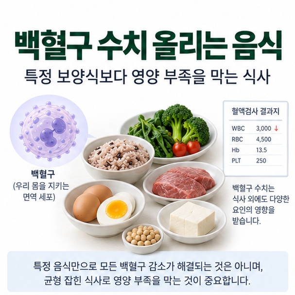 백혈구 수치 올리는 음식과 달걀 생선 두부 콩 녹색채소를 함께 보여주는 교육용 이미지