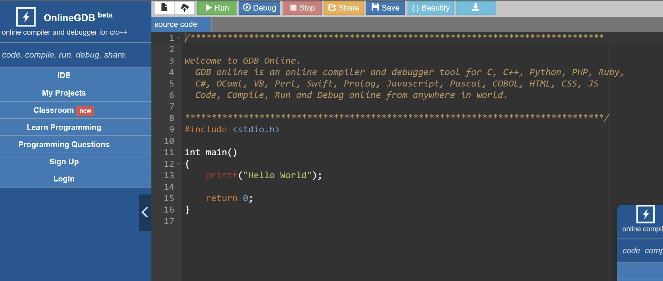 [GDB Online] 온라인 코드 Debugging