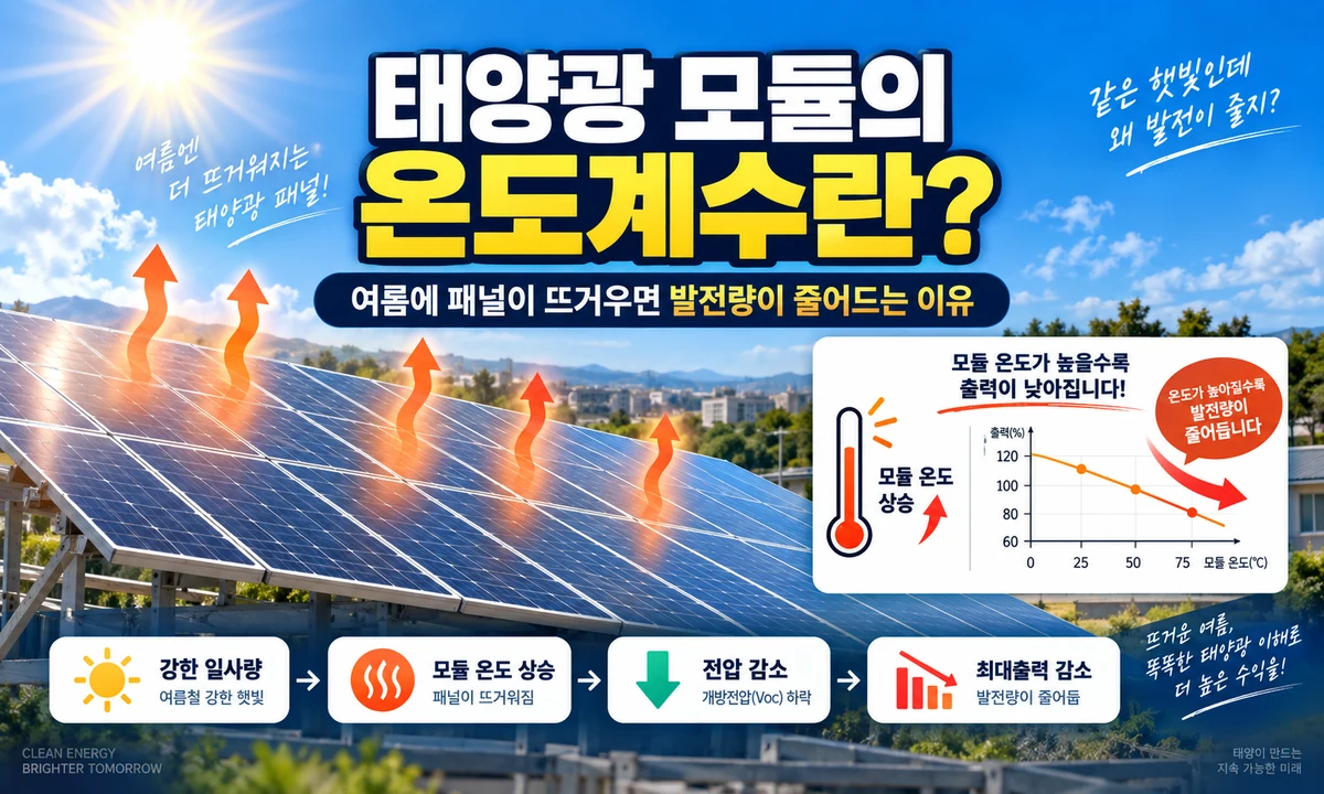 강한 일사량으로 태양광 모듈 온도가 상승하면서 전압과 최대출력이 감소하는 온도계수 원리
